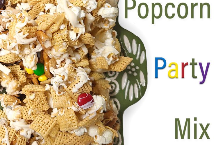 Popcorn Party Mix on green and white platter with word title