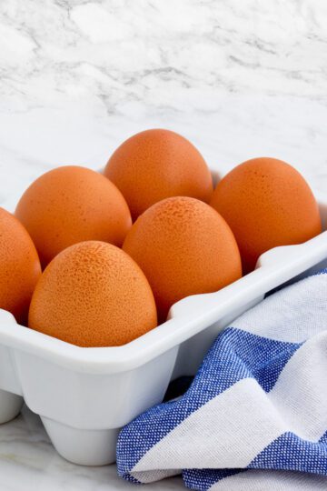 six hard boiled brown eggs in a white carton on the counter