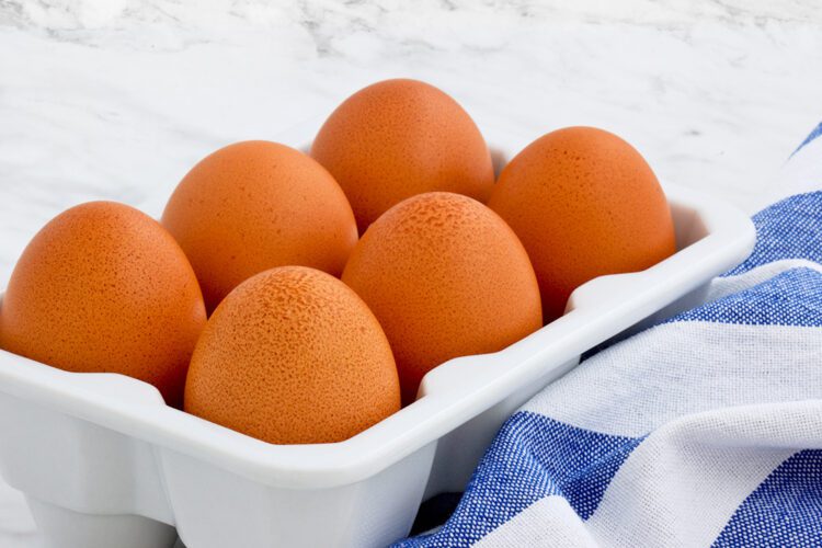 six hard boiled brown eggs in a white carton on the counter