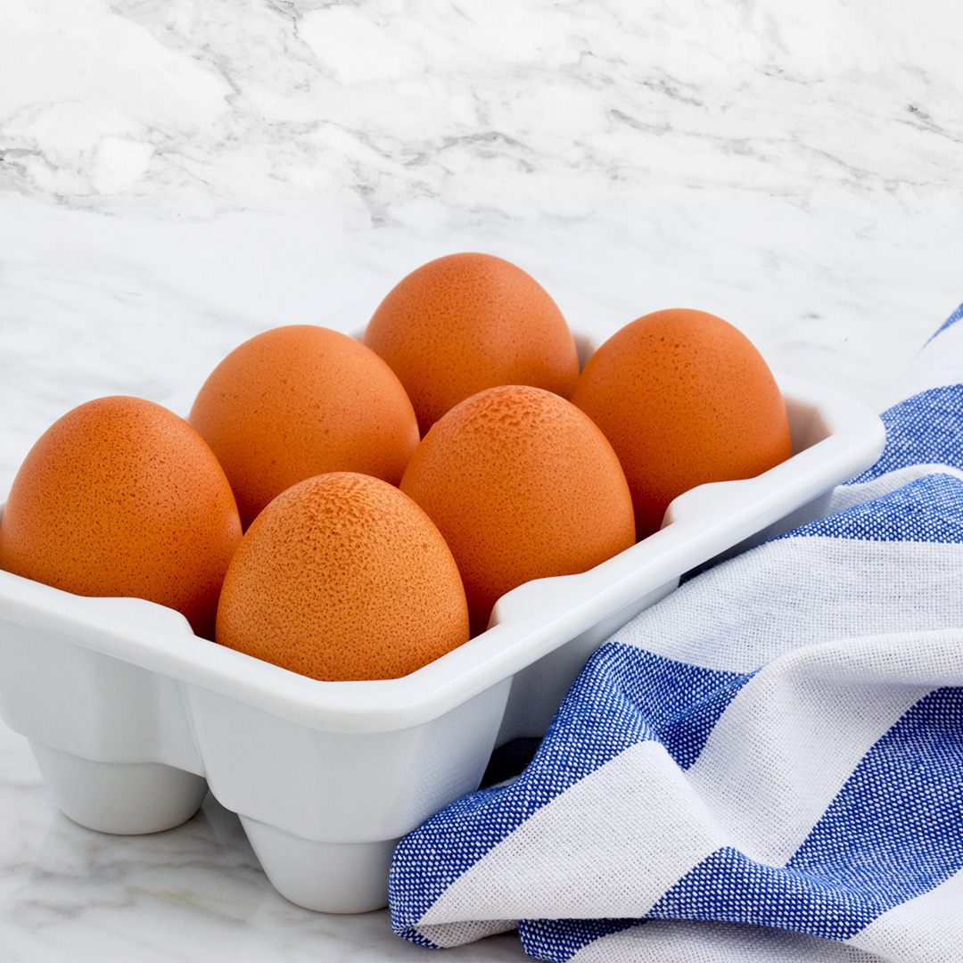 six hard boiled brown eggs in a white carton on the counter