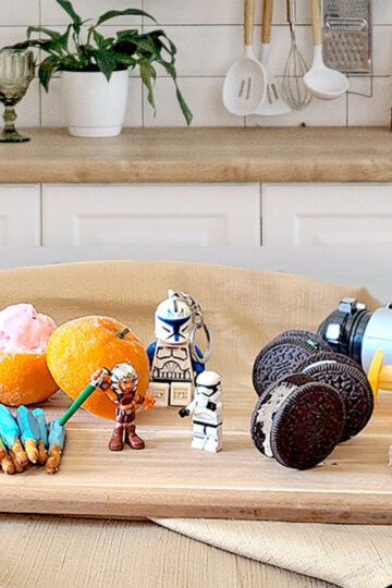 Gluten free ideas for May the 4th on a wooden board with kitchen background