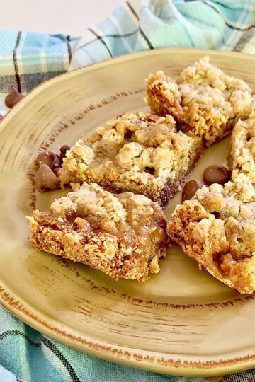 Carmelitas on a brown plate with a few chocolate chips sprinkled around, and a blue plaid towel underneath the plate