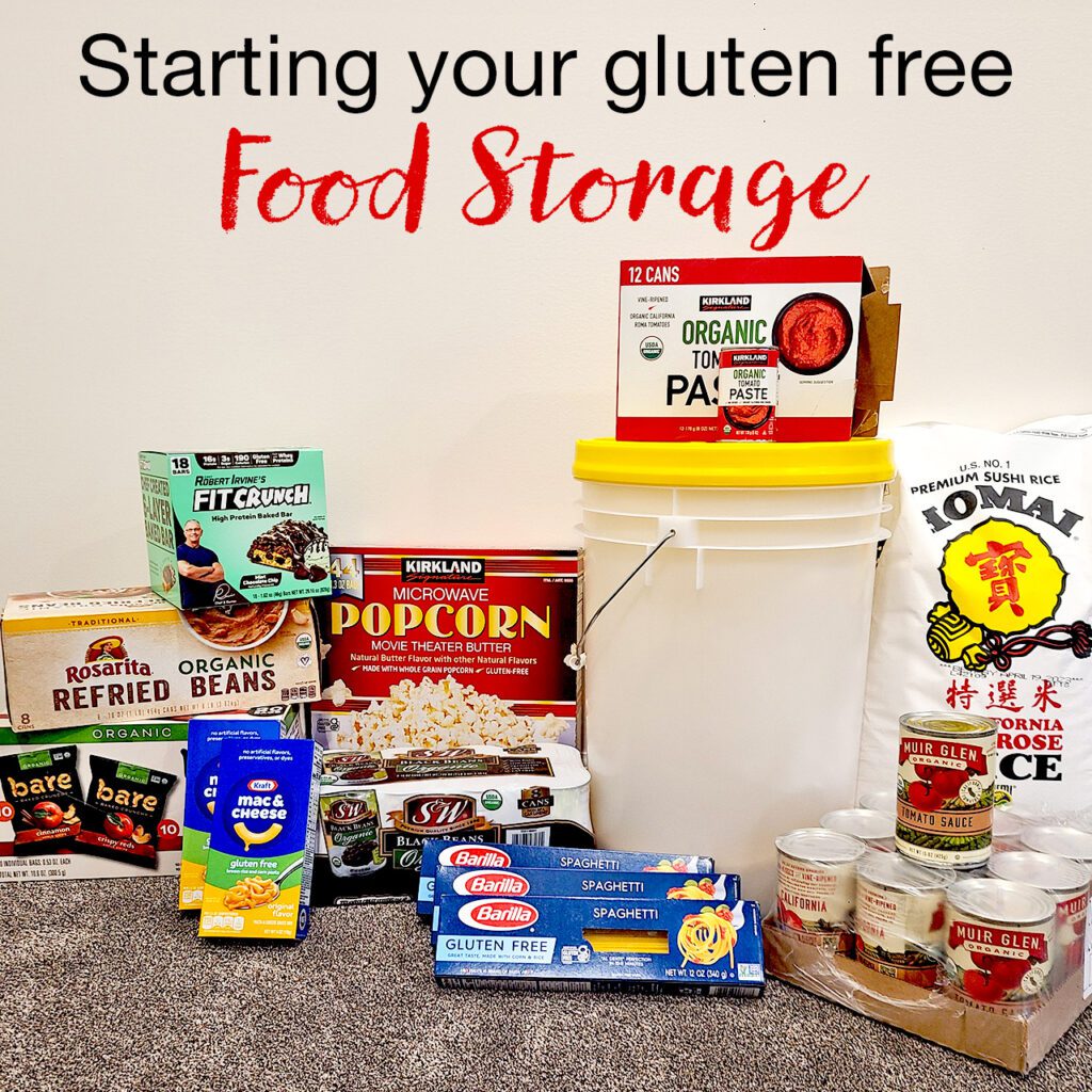 starting your gluten free food storage showing several gluten free food items.