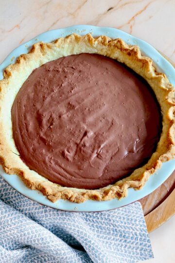 gluten free chocolate pie with homemade crust in pie pan