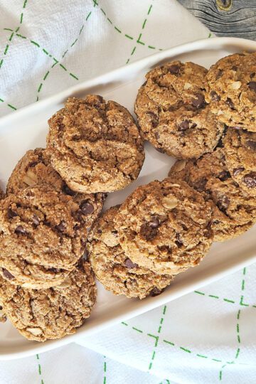 sunbutter chocolate chip cookies on a white oval platter