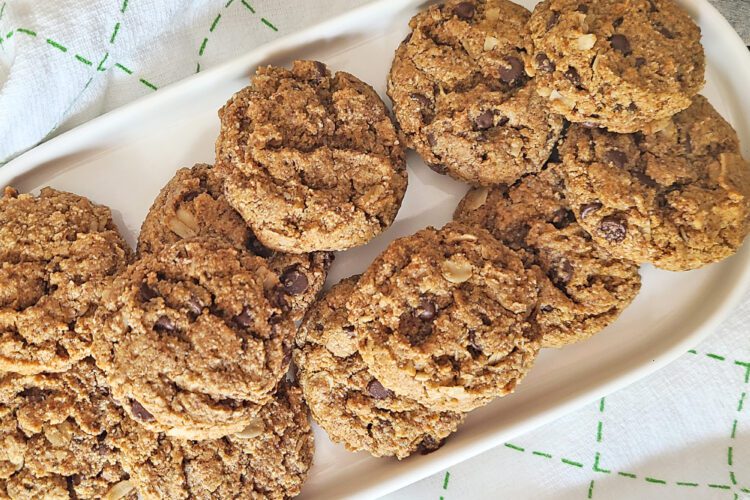 sunbutter chocolate chip cookies on a white oval platter