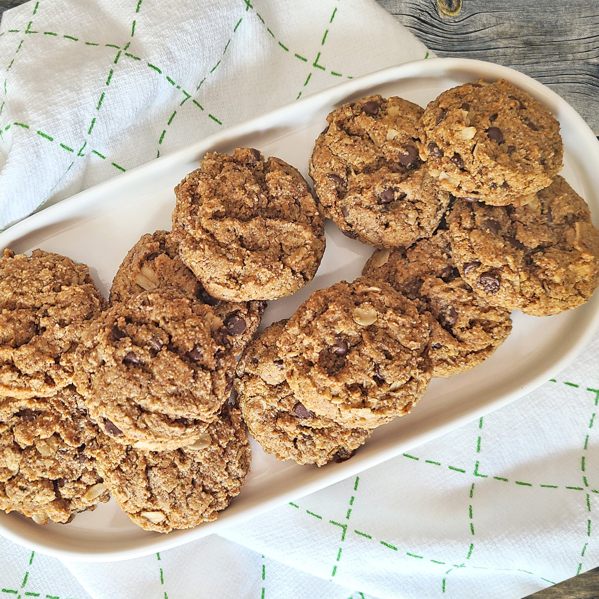 sunbutter chocolate chip cookies on a white oval platter