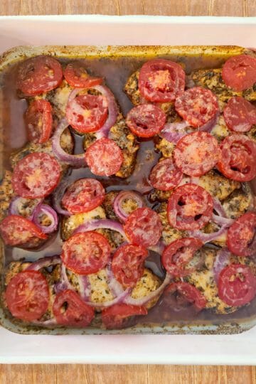 Lemon Herb Baked Chicken in a white square dish