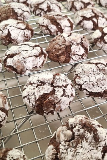 gluten free Double Chocolate Crinkle Cookies on a cooling rack