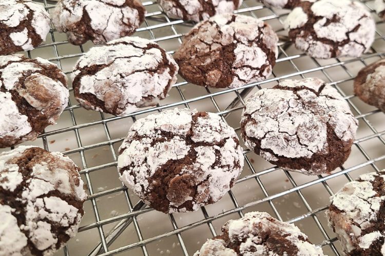 gluten free Double Chocolate Crinkle Cookies on a cooling rack