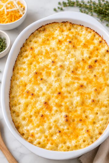 Gluten free mac n cheese in a white oval dish