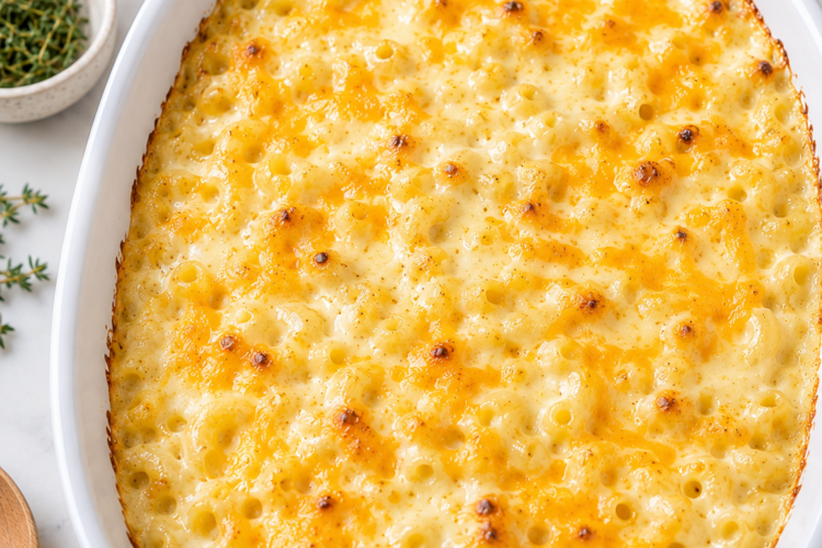 Gluten free mac n cheese in a white oval dish