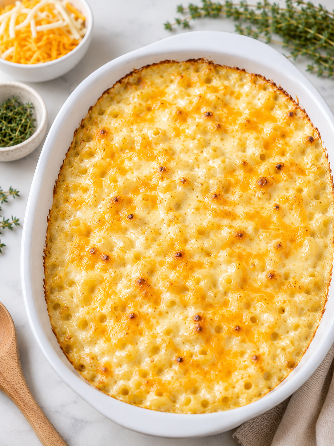 Gluten free mac n cheese in a white oval dish