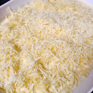 Gluten Free Mac N Cheese dish ready to go in the oven to Broil