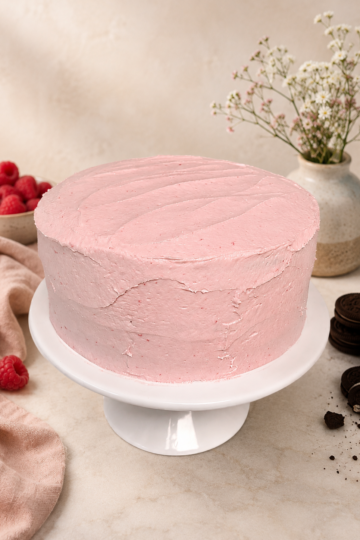 A 3 Layer gluten free chocolate cake with Oreo butter cream on the inside and raspberry buttercream on the outside