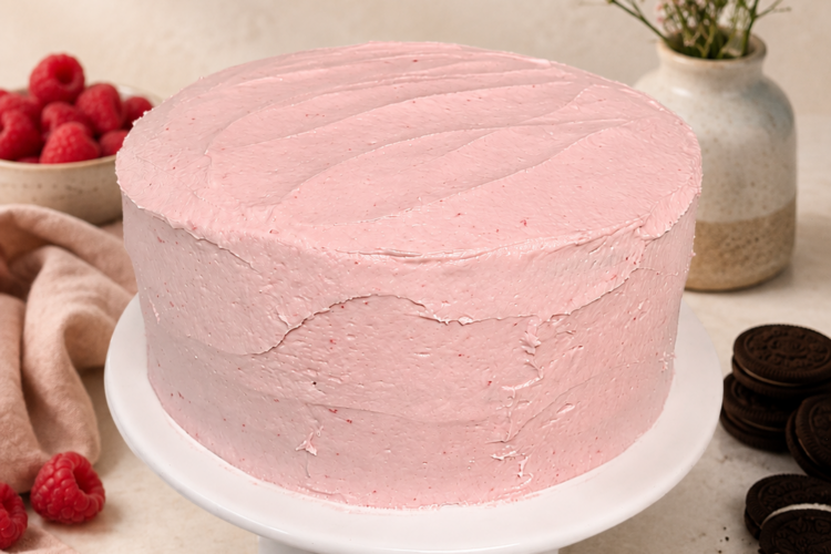 A 3 Layer gluten free chocolate cake with Oreo butter cream on the inside and raspberry buttercream on the outside