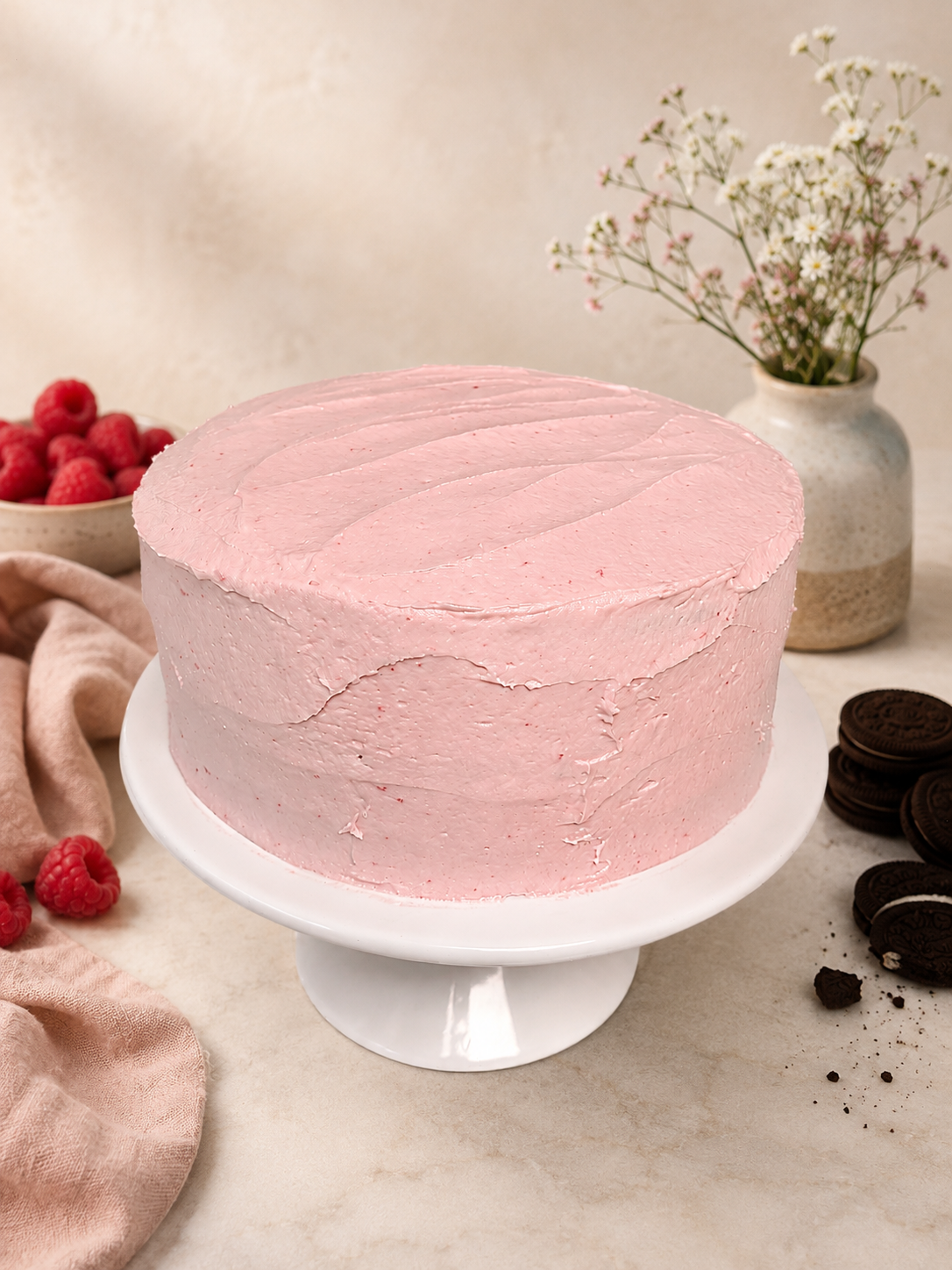 A 3 Layer gluten free chocolate cake with Oreo butter cream on the inside and raspberry buttercream on the outside