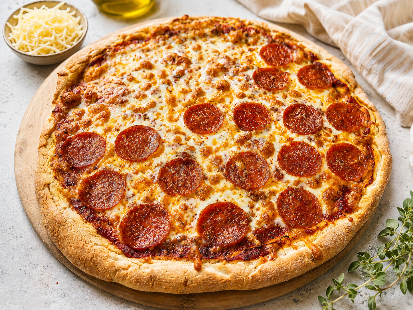 Sourdough discard gluten free pizza with cheese and pepperoni on a pizza stone